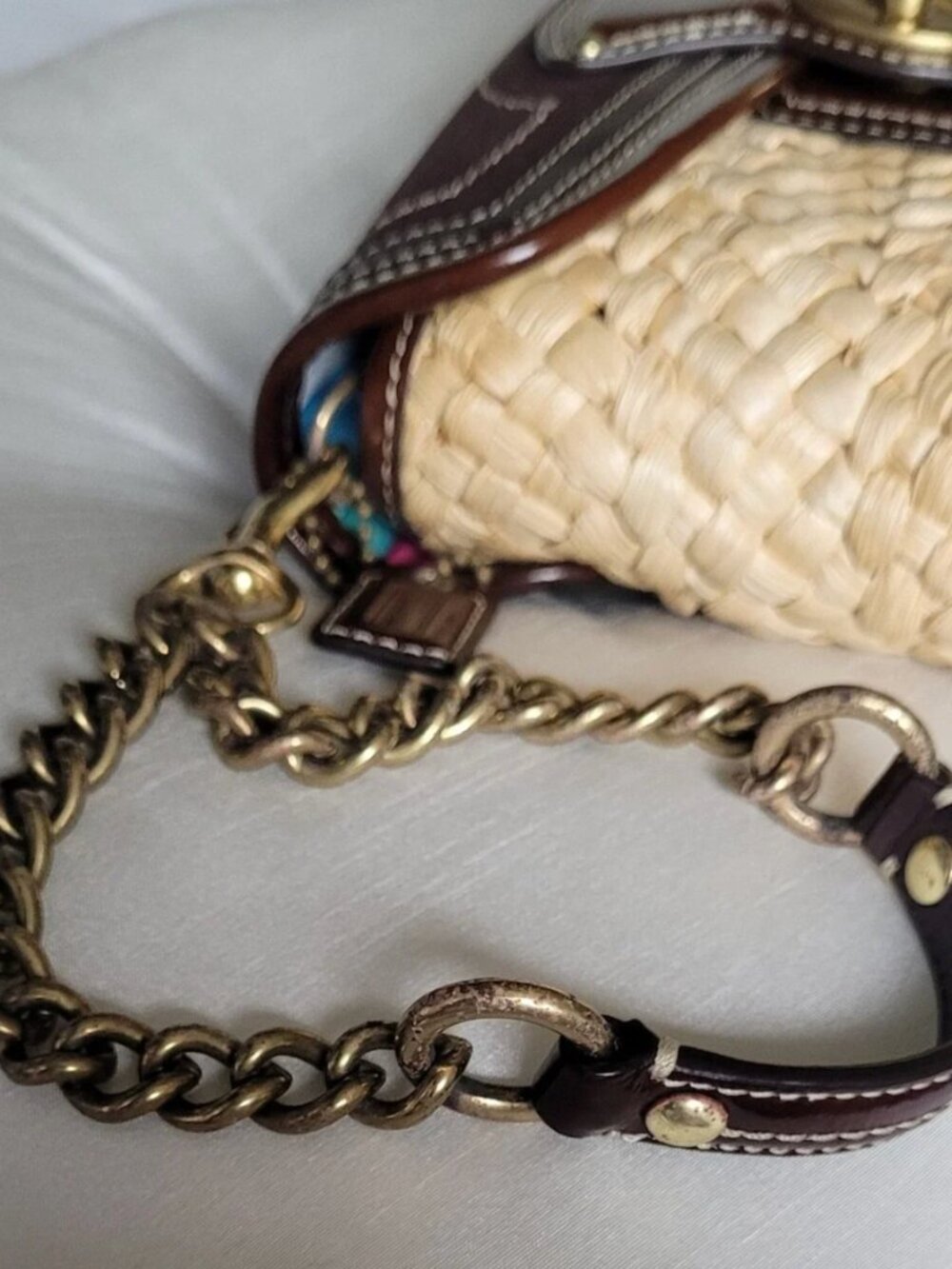 727 Coach Straw Summertime Turnlock Wristlet Clutch Brown Brass Raffia Vintage - Picture 11 of 12